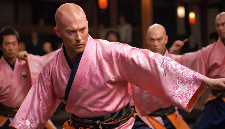 yos, a attractive caucasian man with medium orange bald hair, elongated pink eyes, frowning facial expression, wearing a yosakoi kimono and dancing at yosakoi matsuri cinematic shot, cinematic lighting, shot in imax, photography, cinematic lighting