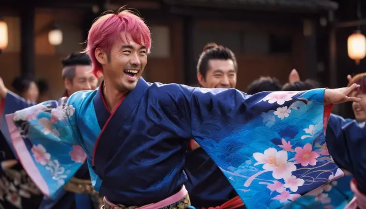 yos, a elegant japanese man with medium short pink mullet hair, hollow blue eyes, laughing facial expression, wearing a yosakoi kimono and dancing at yosakoi matsuri cinematic shot, cinematic lighting, shot in imax, photography, cinematic lighting