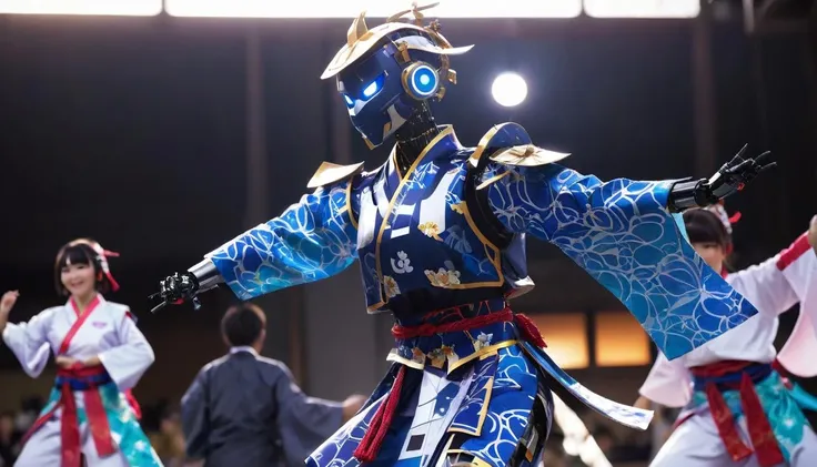 anime shot of a fantastic robot wearing a yosakoi costume dancing at yosakoi matsuri in the anime style of makoto shinkai, light rays, global illumination, beautiful shadows, anime:1.2