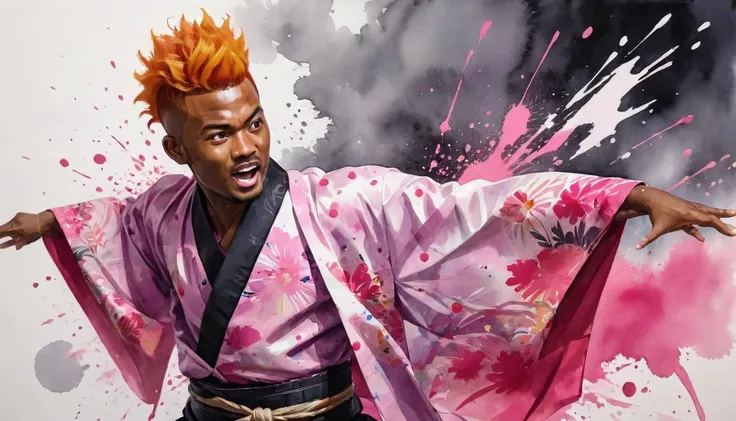 yos, a handsome african man with very short orange mohawk hair, expressive pink eyes, fearfully surprised facial expression, wearing a yosakoi kimono and dancing at yosakoi matsuri oil painting, water color, ink splatter, painting masterpiece