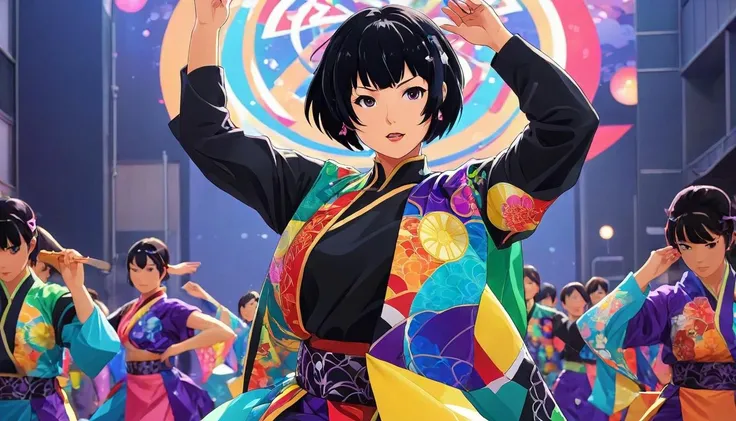 ghibli anime illustration, yosakoi matsuri, a woman with short black hair dancing in a dystopian future wearing a colorful yosakoi costume at yosakoi matsuri, anime style