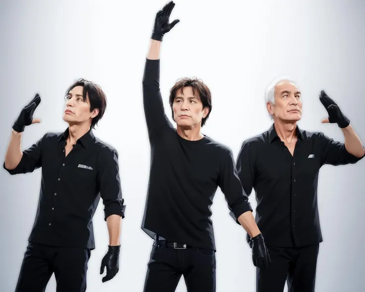 (black gloves:1.2), long sleeves, parted lips, arm up, arms up, looking to the side, hands up, cosplay, black shirt, multiple boys, 6+boys, parody, looking up, album cover, BBLD, 66 years old man , <lora:DwHU_v1:0.5>, nasolabial fold, Wrinkles