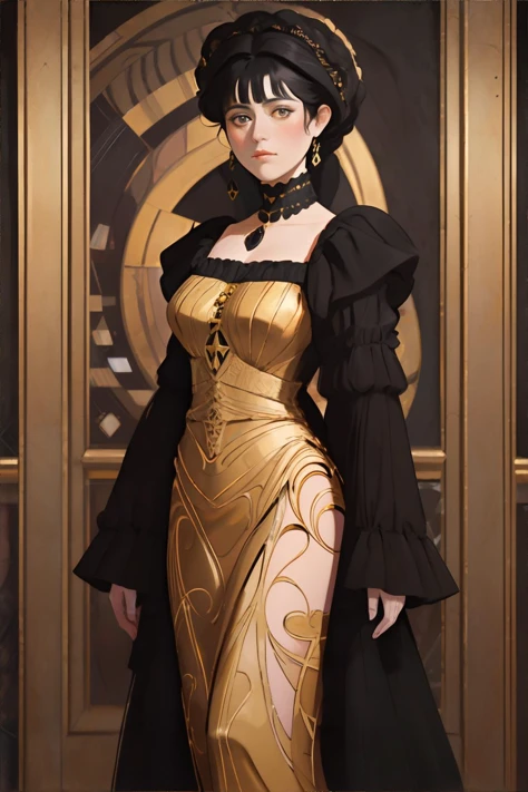 <clip:skip:2>, <lora:gustavklimt:0.8>, by gustavklimt, woman with black hair wearing black and yellow dress, masterpiece, 8k, high resolution, shallow depth of field, sharp focus