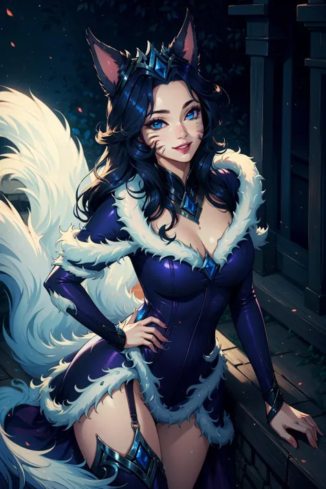 (masterpiece, best quality:1.2), intricate details, <lyco:GoodHands-beta2:1>, <lora:midnight_ahri_lol-000011:1>, midnight ahri, 1girl, dress, fur trim, animal ears, cleavage, whisker markings, long hair, multiple tails, closed mouth, light smile