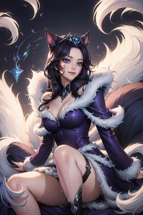 (masterpiece, best quality:1.2), intricate details, <lyco:GoodHands-beta2:1>, <lora:midnight_ahri_lol-000011:1>, midnight ahri, 1girl, dress, fur trim, animal ears, cleavage, whisker markings, long hair, multiple tails, closed mouth, light smile