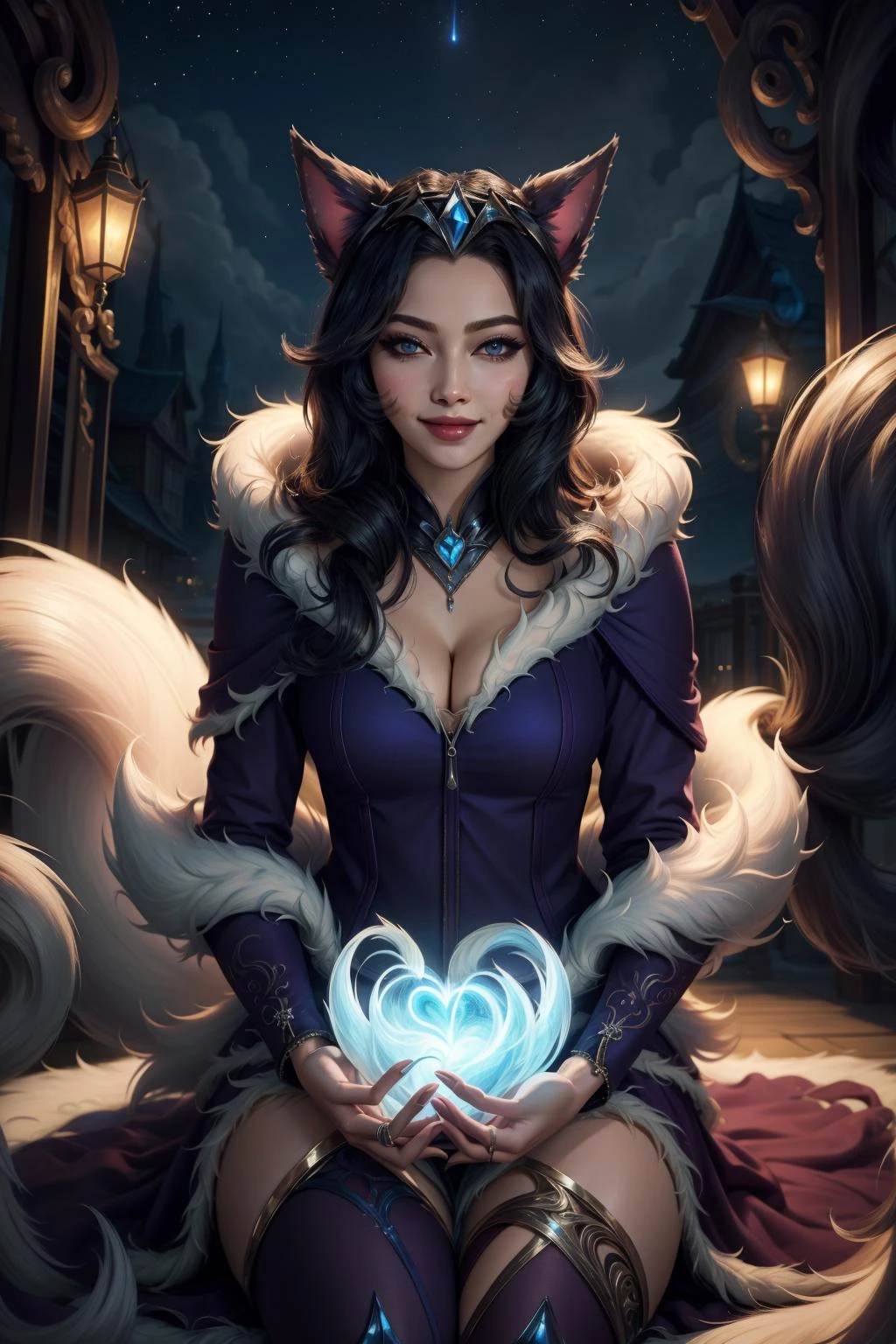 (masterpiece, best quality:1.2), intricate details, <lyco:GoodHands-beta2:1>, <lora:midnight_ahri_lol-000011:1>, midnight ahri, 1girl, dress, fur trim, animal ears, cleavage, long hair, multiple tails, closed mouth, light smile