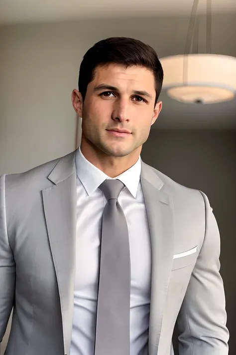 a photo of RJP0rta1es, a man, RAW, close portrait photo, gray suit, white shirt, (high detailed skin:1.2), 8k uhd, dslr, soft lighting, high quality, film grain, Fujifilm XT3 sharp focus, f 5.6