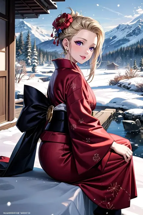 (masterpiece, best quality, detailed), 1girl, solo, looking at viewer, ffscarlet, purple eyes, lipstick, earrings,
yukata, kimono, obi, print kimono, japanese clothes, short kimono, hair flower, outdoors, winter, mountain, snow, bare tree, scenery, (snowing), sitting, from side, smile, parted lips