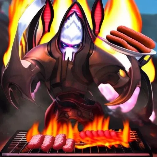 <lora:Alarak:1.2>, alarak, white skin, barbecue grill, hot dogs