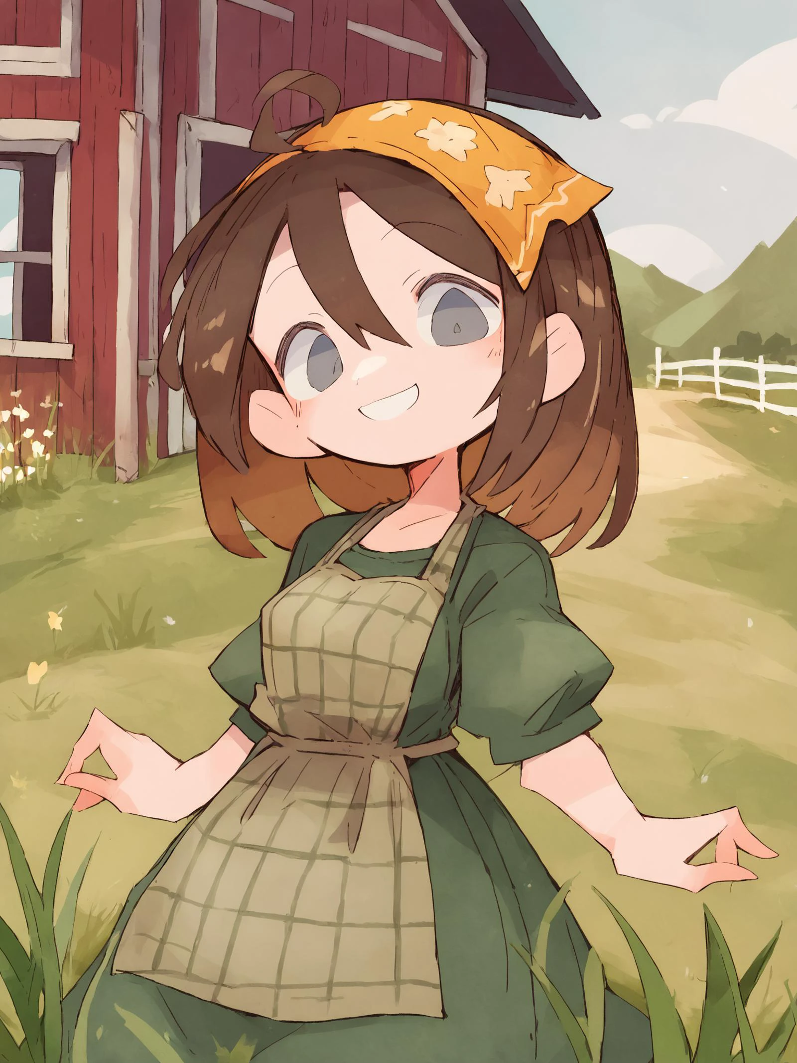 score_9, score_8_up,sharp focus,, absurdres, highres, illustration, depth of field, outdoors, farm, field, grass, plants, celiaxl, 1girl, , brown hair, grey eyes, plaid apron, green dress, yellow bandana, smile, <lora:celiaxl:0.75> <lora:massakasama_pony_v1:1>