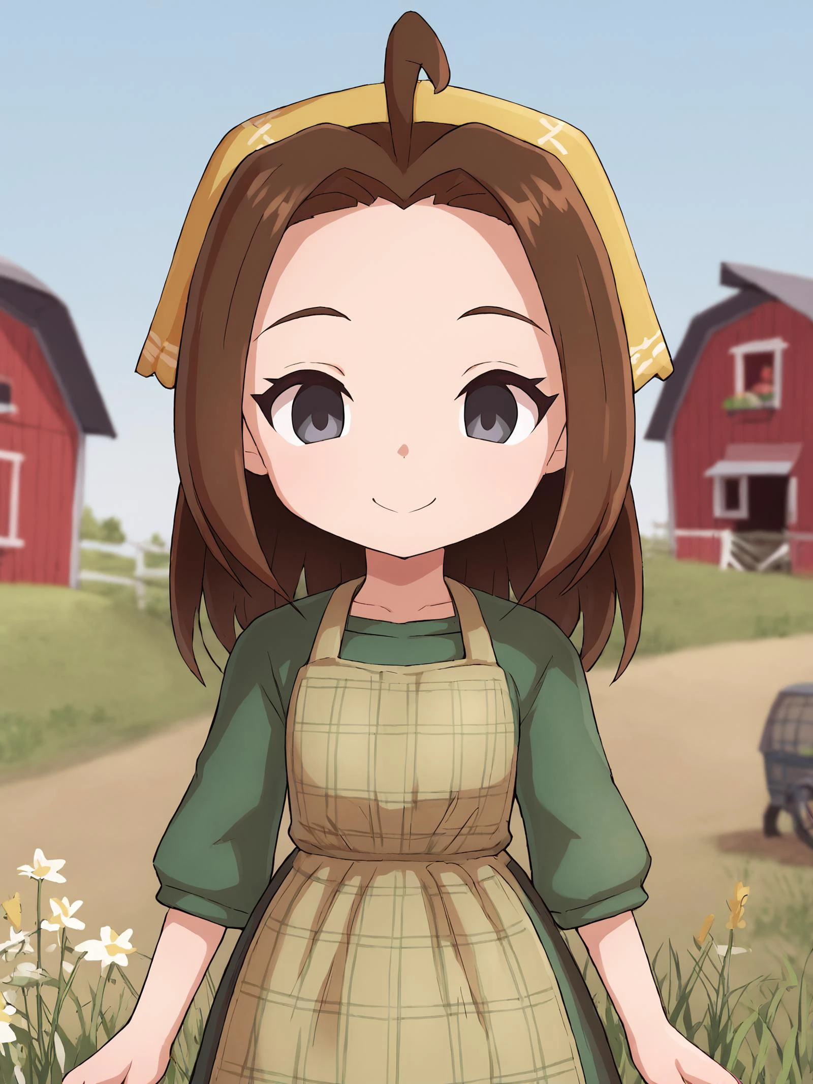 score_9, score_8_up,sharp focus,, absurdres, highres, illustration, depth of field, outdoors, farm, field, grass, plants, celiaxl, 1girl, , brown hair, grey eyes, plaid apron, green dress, yellow bandana, smile, <lora:celiaxl:0.75> <lora:wagashi-lyco-pony:1>