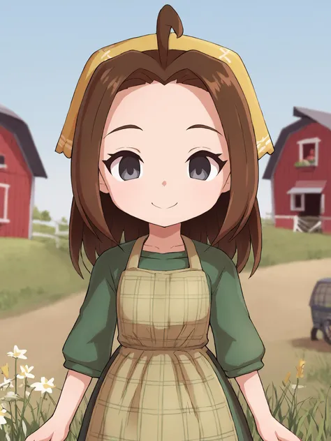 score_9, score_8_up,sharp focus,,  absurdres, highres, illustration, depth of field, outdoors, farm, field, grass, plants, celiaxl, 1girl, , brown hair, grey eyes, plaid apron, green dress, yellow bandana, smile,  <lora:celiaxl:0.75>   <lora:wagashi-lyco-pony:1>