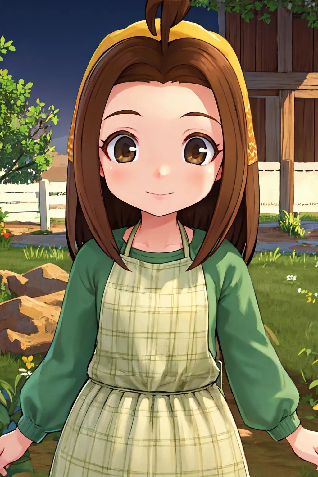 portrait, sharp focus, soft lighting, illustration, depth of field, outdoors, farm, field, grass, plants, 1girl, celia, brown hair, brown eyes, plaid apron, yellow bandana, <lora:asanagi:0.35> <lora:celia-000003:0.75>