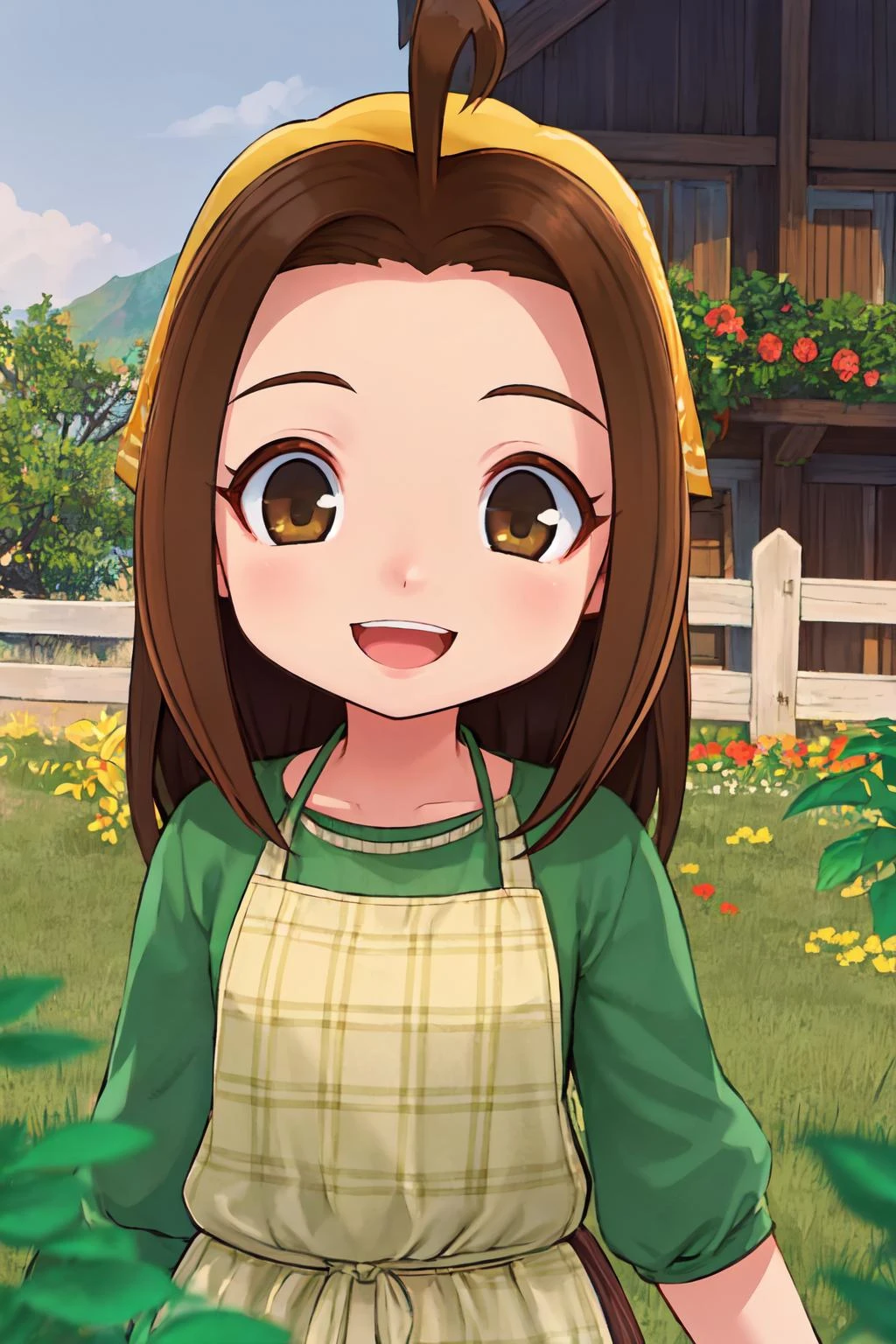 portrait, sharp focus, soft lighting, illustration, depth of field, outdoors, farm, field, grass, plants, 1girl, celia, brown hair, brown eyes, plaid apron, green dress, yellow bandana, :D, smile, <lora:asanagi:0.35> <lora:celia-000003:0.75>
