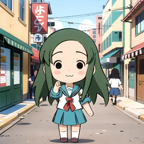 anime character in a blue dress standing in a street