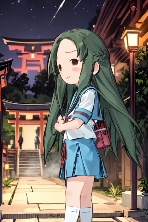 (masterpiece:1.2), ultra detailed,:3, <lora:Churuya:1>, Churuya, chibi, kita high school uniform, long hair, solid circle eyes, (close:1.5), looking at the viewer, stairs, japanese temple, mountain, forest, Torii, ((night)), dense forest, fog, mist, <lora:Adddetail:0.7>
