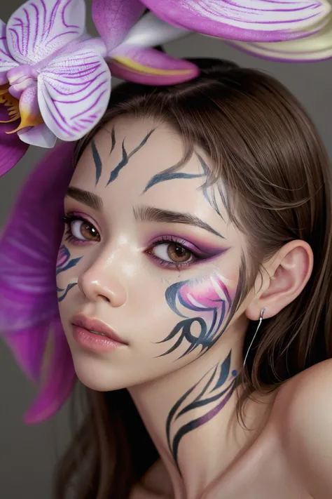 realistic photo of <lora:sd15_SophieXdt_locon_32_v1:.9> SophieXdt, close up on face, focus on eyes, (orchid face paint:1.2)