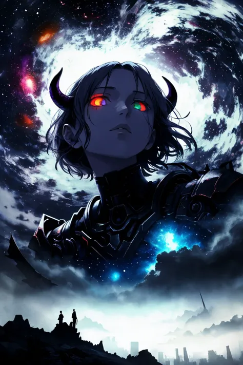 realistic photo of <lora:sd15_SophieXdt_locon_32_v1:.9> SophieXdt, (style-swirlmagic:0.8), portrait, solo, half shot, looking up, detailed background, detailed face, (fallout theme:1.1), supernatural glowing eyes, messenger of the armageddon, serenity amidst the chaos, wearing monochromatic armor, 10%horns,interdimensional doom, the end of life, floating particles, supernova in background, dark clouds, apocalyptic atmosphere, ethereal lights,