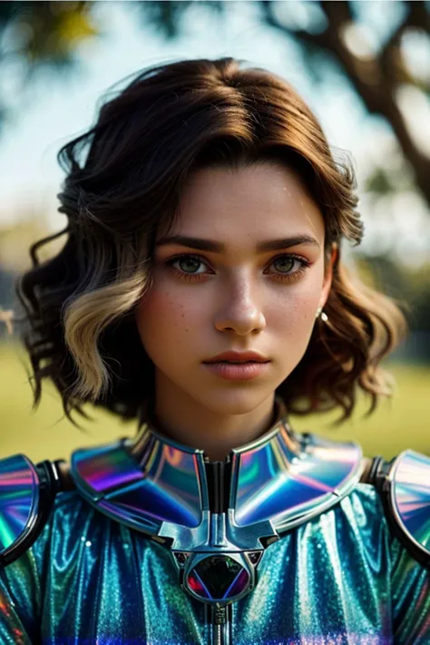 (holographic style, rainbow, shimmer, 3D effect, detailed:1.15), (low angle, closeup on face:1.2) of <lora:sd15_SophieXdt_locon_32_v1:.9> SophieXdt, she is wearing armored dress , her hair is styled as Curly Glamour Waves, BREAK she is (sitting under a tree:1.1), soft natural lighting, overexposed,(shot on Diana F+:1.6), light leak,film grain,dreamy haze,Lomachrome,blur ,Agfa Vista ,50mm ,