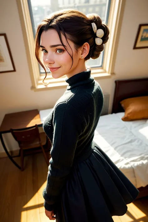 (style of Tom Bagshaw:1.15), (from above, headshot:1.2) of <lora:sd15_SophieXdt_locon_32_v1:.9> SophieXdt, smiling, side view, she is wearing polka dot sweater dress , her hair is styled as fishtail braided chignon, BREAK she is (in the bedroom:1.1), warm golden hour lighting, Fujicolor Pro ,lens flare,shot on Canon EOS 5D, smooth background bokeh ,50mm , in the style of Anne Brigman