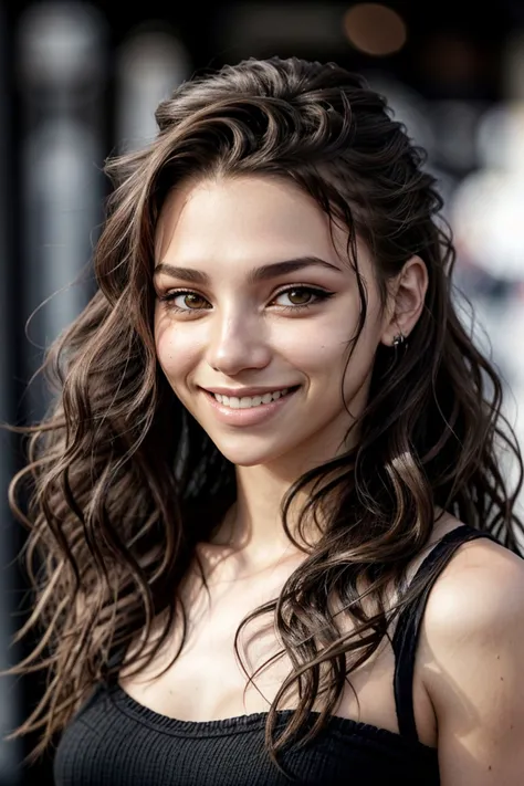 photo of <lora:sd15_SophieXdt_locon_32_v1:.9> SophieXdt, focus on eyes, close up on face, smiling, hair styled as side part waves hair, desaturated grunge filter