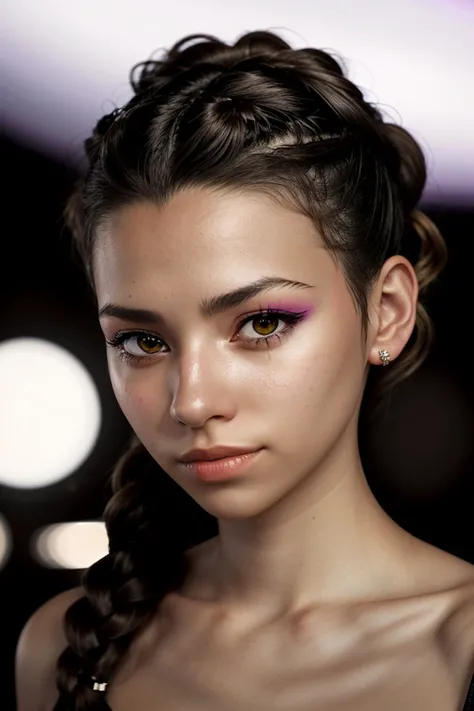 (shot from a Dutch angle, headshot:1.2) of photo of <lora:sd15_SophieXdt_locon_32_v1:.9> SophieXdt, she is wearing shosei , her hair is styled as Braided Curly Hair, BREAK she is (dining at an upscale restaurant:1.1), silhouetted against the light, (infrared filter:1.4),8mm fisheye lens ,Velvia 100 ,shot on Lumix GH5, dynamic range,vibrant colors,cinematic bokeh ,