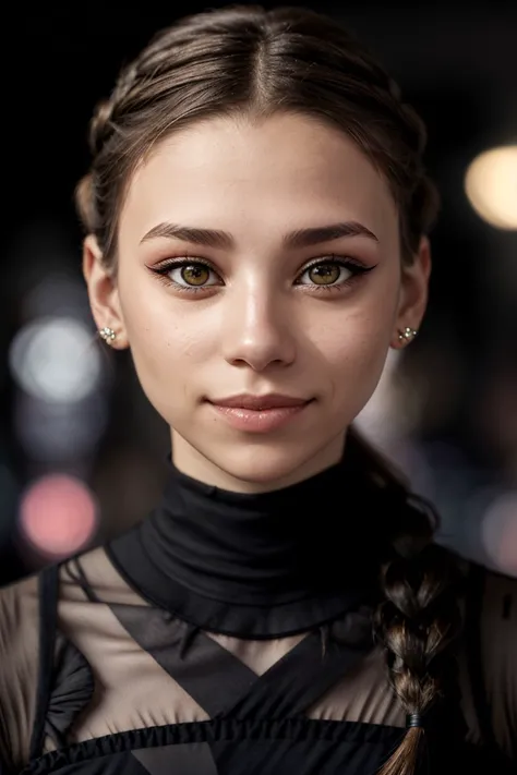 photo of <lora:sd15_SophieXdt_locon_32_v1:.9> SophieXdt, focus on eyes, close up on face, smile, hair styled as fishtail braided chignon, desaturated grunge filter