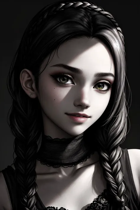 chiaroscuro portrait, high contrast, dramatic, Rembrandt lighting, photo of <lora:sd15_SophieXdt_locon_32_v1:.9> SophieXdt, focus on eyes, close up on face, grinning, hair styled as fishtail braid headband,
