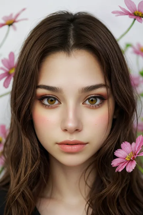 watercolor style portrait of realistic photo of <lora:sd15_SophieXdt_locon_32_v1:.9> SophieXdt, face, eyes, flower symbols
