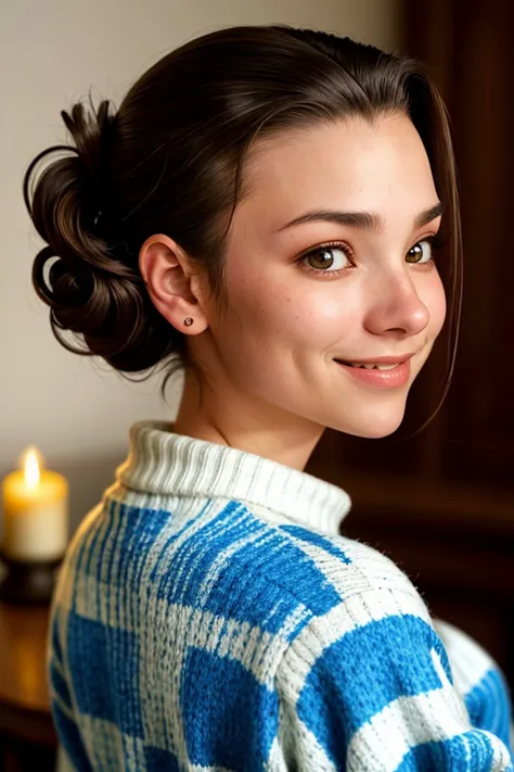 (style of Stephen Hickman:1.15), (high angle, headshot:1.2) of <lora:sd15_SophieXdt_locon_32_v1:.9> SophieXdt, smiling, from behind, she is wearing petal print sweater , her hair is styled as slicked back lob hair, BREAK she is (reinacting the civil war:1.1), candlelight, soft focus,8mm fisheye lens ,