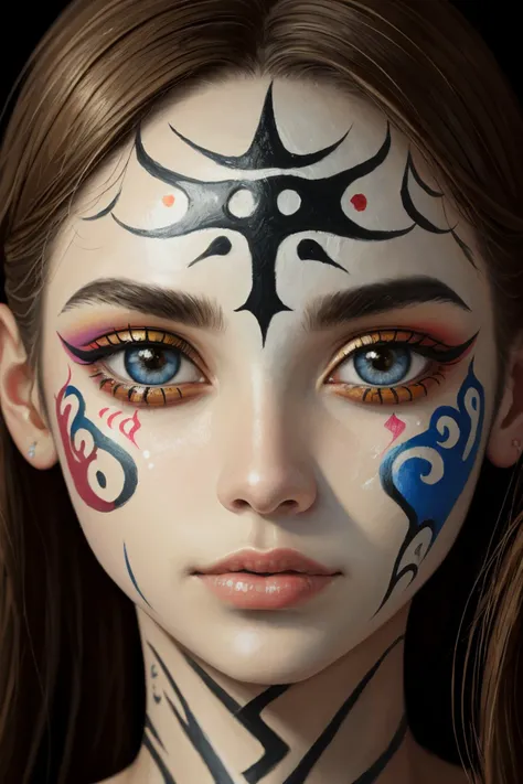 (oil painting:1.2) of <lora:sd15_SophieXdt_locon_32_v1:.9> SophieXdt, close up on face, focus on eyes, (numerology face paint:1.2)