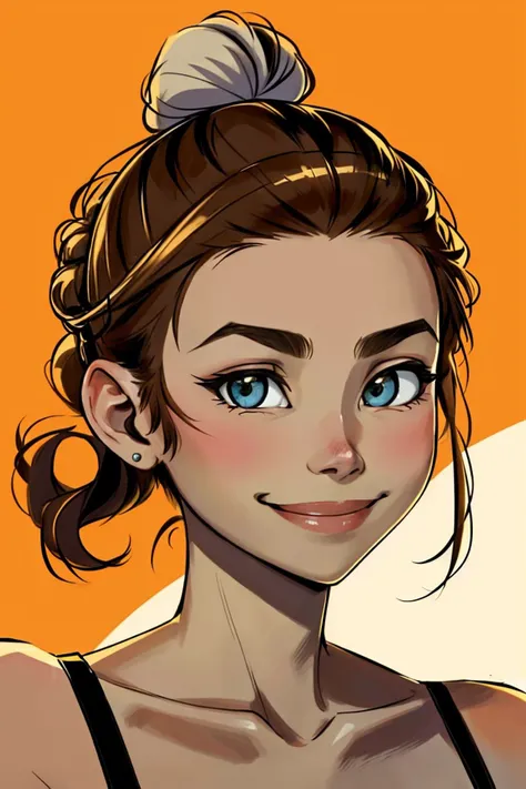 (style of Anton Fadeev:1.15), <lora:sd15_SophieXdt_locon_32_v1:.9> SophieXdt, focus on eyes, close up on face, smile, cream color hair styled as half-up bun,