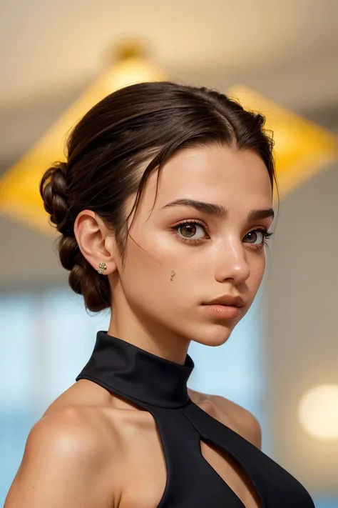 (abstract, symmetry, symmetrical,:1.15), upper-body of <lora:sd15_SophieXdt_locon_32_v1:.9> SophieXdt, focus on face, side view wearing a halter dress , her hair is styled as upside down chignon,