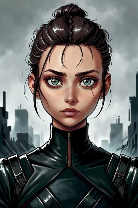(dystopian depiction, dark, bleak, futuristic, detailed:1.15), <lora:sd15_SophieXdt_locon_32_v1:.9> SophieXdt, focus on eyes, close up on face, artichoke color hair styled as rope braid bun,