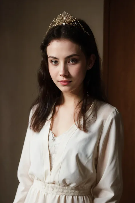 futuraslava33450v5, (closeup) Portrait of pretty young (18-year-old) pale milky white skin Caucasian woman ((Standing with subtle smile, exuding mystery.:1.07)), outdoor, BREAK (ginger Delicate braided crown: Thin braids woven around the head to create a delicate crown-like effect, adding a bohemian touch to any outfit.), no makeup, long dainty necklace, (((elegant, classy, minimalist:1.05) The Crystalized Nudity: This romper is adorned with intricate crystal detailing along the deep V-neckline, creating a mesmerizing effect.)) , <lora:epi_noiseoffset2:1> BREAK (magazine cover:1.10), BREAK (masterpiece, extremely detailed skin, photorealistic, heavy shadow, dramatic and cinematic lighting, key light, fill light), sharp focus, BREAK location is (outdoor Kyoto, Japan), <lora:InstantPhotoX3:0.4>, <lora:ClothingAdjuster3:-0.7>
