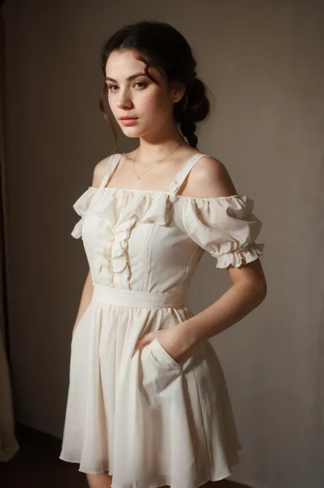 futuraslava33450v5, (closeup) Portrait of pretty young (18-year-old) pale milky white skin Caucasian woman ((Stand tall with one leg lifted, highlighting a lean silhouette.:1.07)), outdoor, BREAK (brunette Timeless Updo: A sophisticated updo with twists, braids, or a neat bun, creating a refined and chic look.), no makeup, long dainty necklace, (((elegant, classy, minimalist:1.05) Blush pink chiffon mini dress with sweetheart neckline and ruffle sleeves - delicate and feminine.)) , <lora:epi_noiseoffset2:1> BREAK (magazine cover:1.10), BREAK (masterpiece, extremely detailed skin, photorealistic, heavy shadow, dramatic and cinematic lighting, key light, fill light), sharp focus, BREAK location is (outdoor Kruger National Park, South Africa), <lora:InstantPhotoX3:0.4>, <lora:ClothingAdjuster3:-0.7>