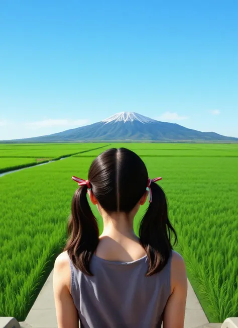 A symmetrical photography featuring a young woman with two pigtails, her dark hair with red and white ties peeking above her shoulders, gazing towards distant mountains. The scene captures a vast green field that extends infinitely, lush grass swaying gently under the sunlight. The serene rural landscape is under a clear blue sky that enhances the tranquil atmosphere. A realistic photography employing smooth digital enhancement techniques with precise detail, creating a harmonious color palette of cool greens and soft browns