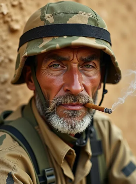 The image is a high-resolution highly detailed award - winning photograph photo of A soldier in a battlefield setting. The soldier is a middle age brutal man wearing a camouflage uniform and a helmet. His face is smeared with dirt and sweat, indicating intense activity or combat. (The soldier holds a ((smoking cigarette butt)) in his mouth), (from which a wisp of (smoke) rises). His expression is neutral, with a slight frown, weariness. No moustache, unshaven. The soldierâs uniform is made of a blend of tan and green camouflage patterns, typical of military gear designed for concealment in various environments. The helmet with a green fabric covering and a black strap around the chin. The background consists of a sandy, beige wall,  desert. 
Captured with a Nikon Nikkor 1 AW 11-27.5 mm f/3.5-5.6 Nikon 1 AW1 F/3.5, focal length:11, ISO:360, shutter speed:1/250, <lora:TEST_1:0.6>