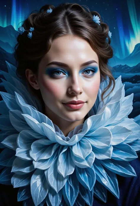 A portrait of a young bailing_lightning woman, Scandinavian, her eyes adorned with glacial blue smoked eyeshadow, with a serene and content expression. A  beautiful biomorphic crystalline winter landscape, dotted with glacial flowers.   She is draped a haute-couture rococo style glacial clothing, its folds and layers seeming to shift and shimmer like the aurora borealis.   Every detail of the painting is rendered with an elegance and intricacy that speaks to the skill of the artist, reminiscent of the styles of Simon Stalenhag, Wayne Barlowe. It is a highly detailed world_masterpiece_theater, . }  <lora:flux/The beauty of realism (FLUX):1.0>, realism, chiaroscuro, cinematic quality, rays of light, play of shadow and light, <lora:flux/flux_realism_lora:1.0>, <lora:art and styles/FL-bailing-24-0824lightning-000003:1.0>,