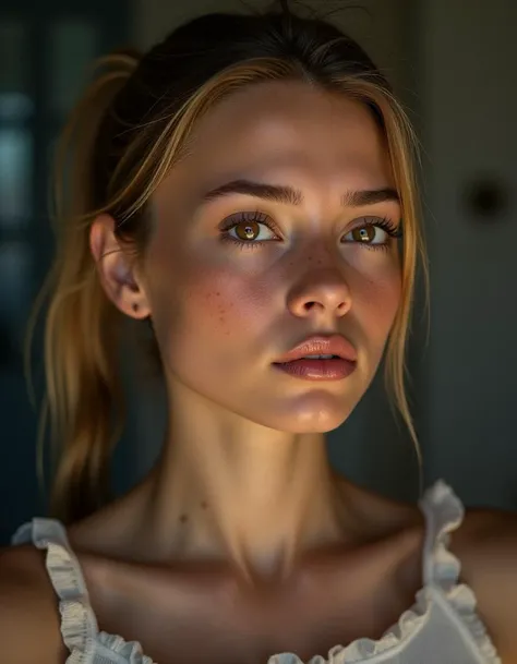 photorealistic  20-year-old girl with brown shiny eyes, her distressed expression contrasting with her fit physique. A subdued background creates depth, with soft bokeh effect gently surrounding her long blonde ponytail and freckled cheeks. Close-up portrait photography, captured with a Canon EOS R5, 50mm f/1.2 lens, using natural light, highlighting rich texture and emotional depth in clear focus