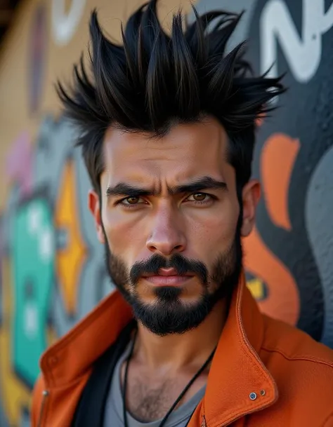 A close-up portrait of a young man with a serious expression, exuding an air of strength like Vegeta. His dark hair styled in sharp, spiky mohawk fashion, with a beard and mustache. A graffiti-covered wall with vibrant colors serves as a backdrop, hinting at urban life. Captured with a Canon EOS R6, 50mm f/1.8 lens, bright, clear daylight enhancing the intensity of the scene