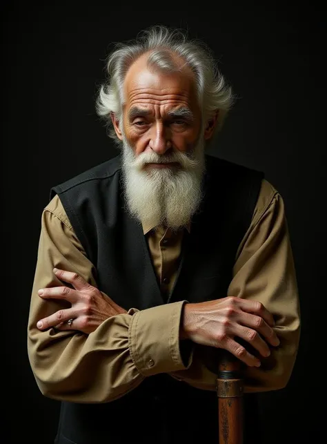 (hip level shot:1.5), The image is a high-resolution highly detailed award - winning photograph photo of an elderly man with a weathered, contemplative expression. The man has a full white beard and hair that is also white, with a few strands of dark hair visible at the sides. His eyes are half-closed, giving the impression of deep thought or prayer. He is dressed in a dark, sleeveless vest over a long-sleeved, light brown shirt. The shirt has a rough texture, suggesting it is made of coarse fabric. His hands frail and worn, with visible veins and wrinkles folded onto the knob of a walking stick. 
The light is softly diffused, casting gentle shadows that enhance the manâs features and the folds of his clothing. The overall mood of the painting is somber and reflective, evoking a sense of solitude and wisdom. 
Captured with a Nikon Nikkor 1 AW 11-27.5 mm f/3.5-5.6 Nikon 1 AW1 F/3.5, focal length:11, ISO:360, shutter speed:1/250, <lora:TEST_1:0.6>