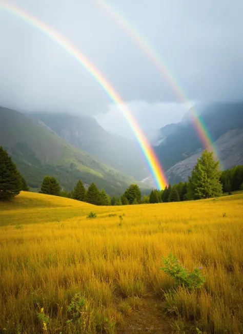 A wide landscape view with a stunning rainbow arching gracefully over misty mountains, creating a symmetrical scene filled with vibrant reds, greens, and blues. Golden grasslands stretch below, dotted with wildflowers and sparse leafy shrubs, surrounded by deeper forest greens. Soft, diffused light enhances the tranquility of this natural view, with balanced colors creating harmony in the composition