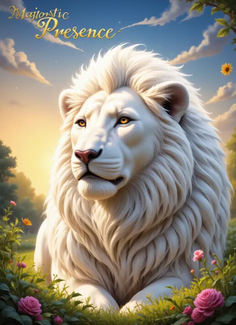 Text: "Majestic Presence" in elegant gold lettering at the top, a slightly elevated side angle digital art featuring a majestic white lion with expressive eyes and a flowing mane. Focused and harmonious composition highlights intricate strands of hair with softly blurred floral elements surrounding it. Vibrant pinks and greens intertwine with lush greenery and distant trees, against a serene twilight sky with a warm gold to soft blue gradient. Ethereal highlights create a tranquil ambiance throughout the scene