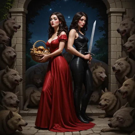 horror, tension, 26yo british brunette female with scared expression in long red dress holding a basket with mushrooms,, 30yo  black-haired hungarian woman with strict expression, in black leather overall, pants, holding  a medieval sword, both women stand back to back,  multiple werewolves surround them, medieval castle outndoors, ivy, starry sky, outdoors, insane details, best quality, insane details