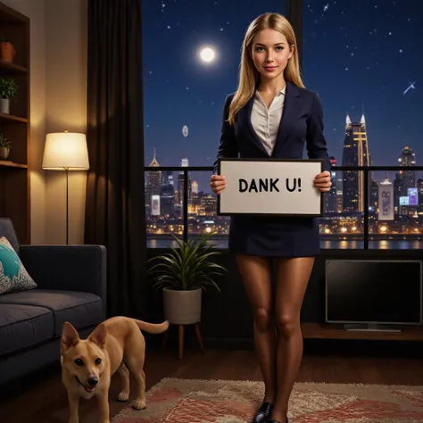 realistic, uhd, masterpiece, best effects, 21yo Dutch female stewardess with long u-cut blonde straight hair, in darkblue jacket, darkblue skirt, a dog nearby her, blouse, (seamless brown pantyhose), loafers, standing on carpet, indoors, in living room, window, tv, shelves, plants, Amsterdam, night city view, snowy outside, star sky outside, (snowflakes outside:1.4), moonlight, holding sign with handwritten text: "DANK U!" detailed background, natural colors, detailed skin, edge detection, (ultra detailed, insane details:1.4)