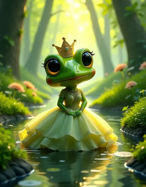 Text words that says "Frog Princess" in playful font encircling a cute lady frog wearing an elegant gown in a regal pose, showcasing delicate dress details and a sparkling crown atop her head. A lush green foliage backdrop with gentle streams glistening in a sunlit ambiance, creating a whimsical setting. A wide-angle digital illustration with cinematic flair, filled with soft vibrant colors that enhance the dreamy atmosphere