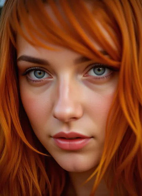 A close-up portrait of a young woman with striking features, centered in the frame, showcasing her vibrant orange-red hair framing her face and gently obscuring her freckles. Her piercing blue eyes are the focal point, reflecting light with depth and expressing vulnerability. Subtle highlights dance across her skin against the rich auburn backdrop, while the softly blurred environment enhances her presence. Diffused natural lighting creates a serene atmosphere, blending warm and cool tones seamlessly.