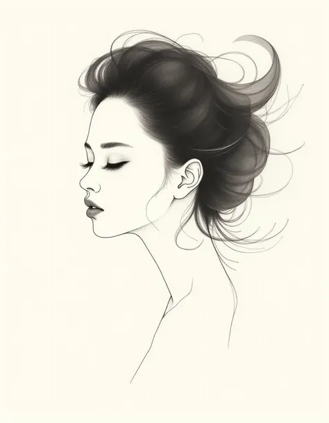 Single line Sumi-e painting, (Elegant profile of woman:1.3), Minimalistic composition, Graceful facial features, Flowing hair, (Delicate curves:1.2), Subtle ink strokes, Light background, (Harmonious balance:1.2), Soft ink wash, Nuanced textures