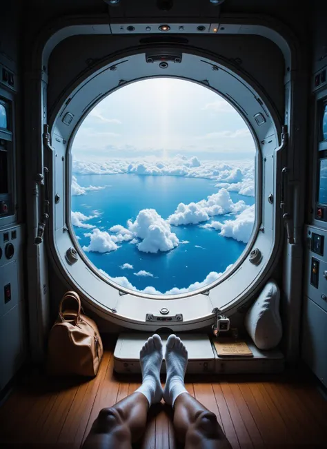 A captivating downward camera angle through a circular window, featuring Earth's clouds and blue oceans in a balanced composition with a single foot in white socks appearing relaxed against the vibrant planet below. A brown bag rests nearby, providing a personal touch to the scene. Technical apparatus and controls frame the environment, while soft, natural light filters in, creating a serene atmosphere with subtle reflections